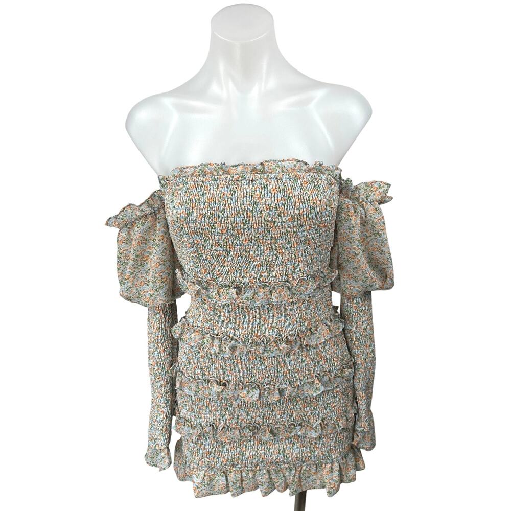 Alamour Jules Floral Off Shoulder Shirred Smocked Puff Sleeve Mini Dress Size XS